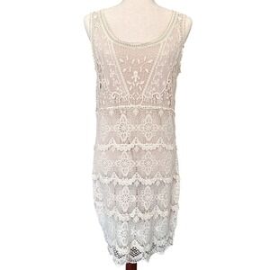 Jennifer Lopez All Over‎ Crochet Dress Tiered A-Line Lace Knit Boho Ivory Size S